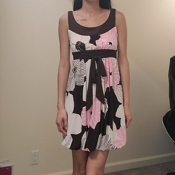 Y2K Bubble Hem Pink Brown Floral Mini Dress Med Puff Empire Waist USA polyester - Picture 1 of 7